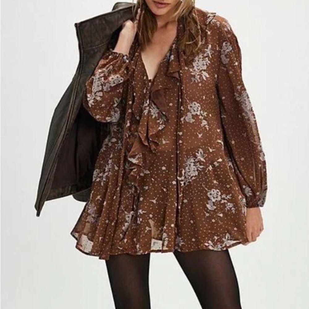 Free People Brown Tie Front Ruffled Tunic